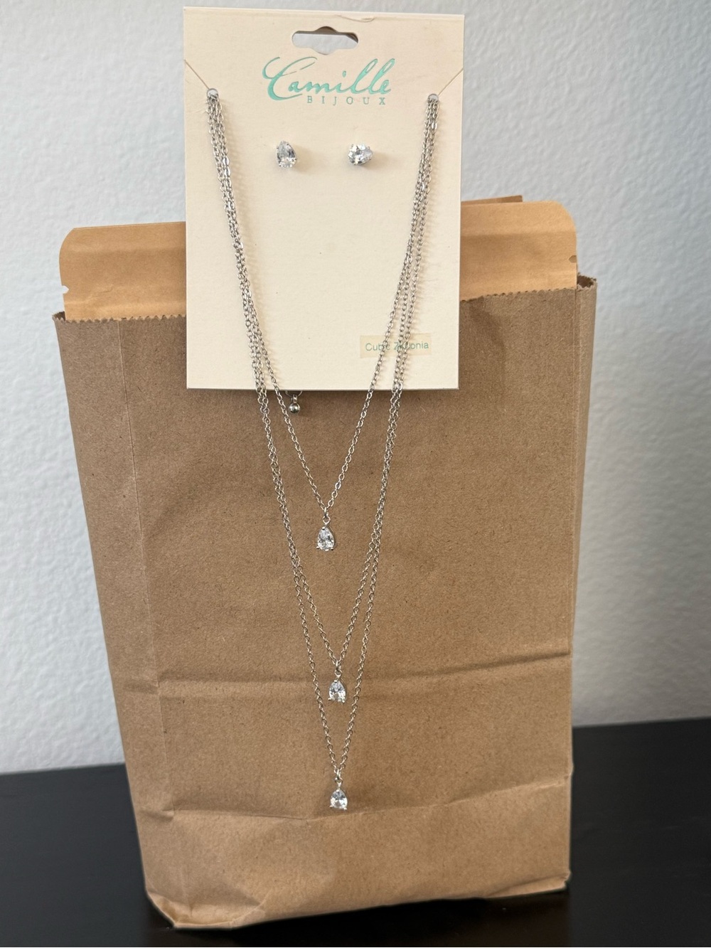 Camille Silver Triple-Layer Teardrop Necklace with Stud Earrings